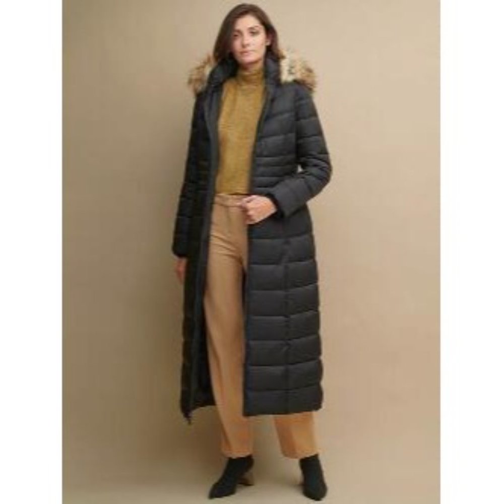 NWOT Kenneth Cole Long Puffer Down Parka Coat w/ Faux Fur Hood Black